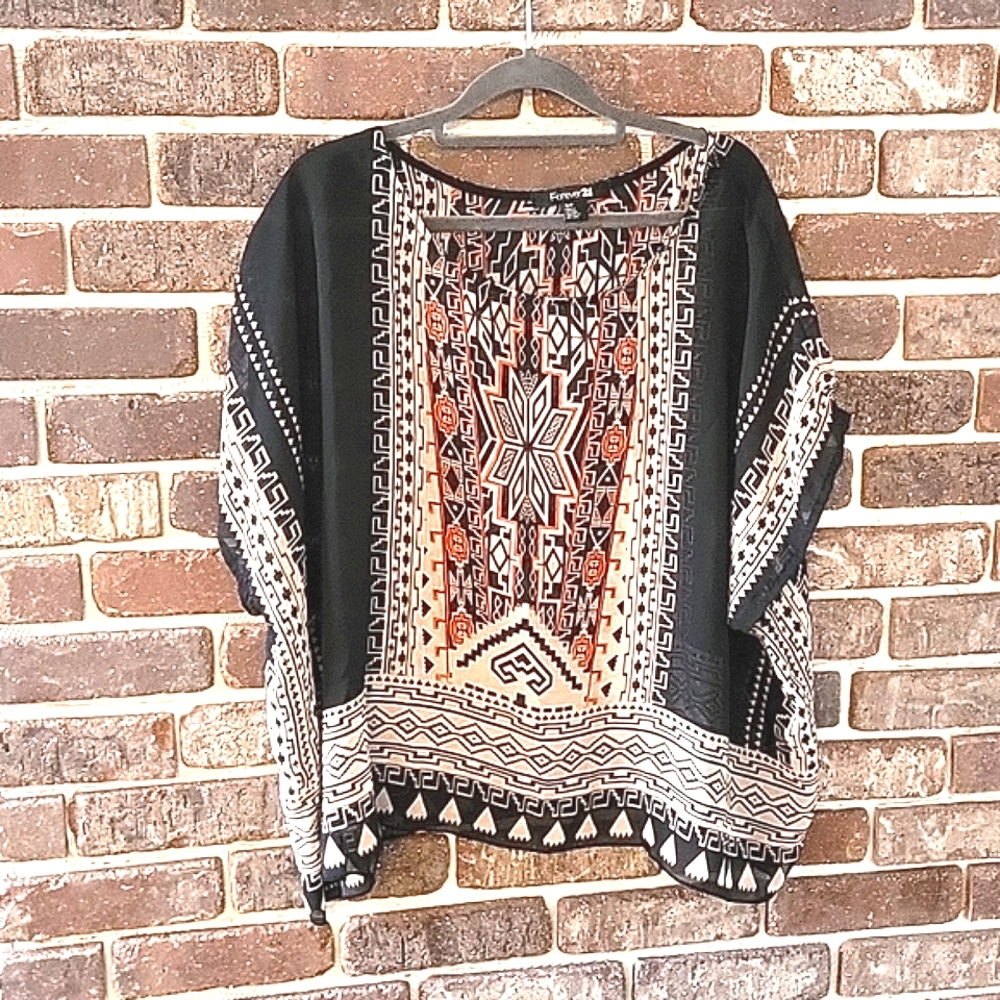 Forever 21 sheer flowy Aztec pattern blouse, size small, loose fit